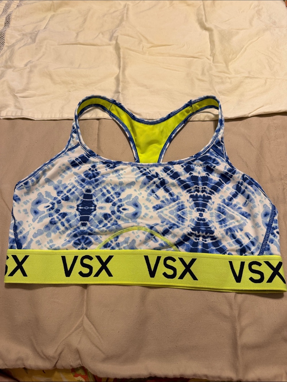 VSX Blue Tie-Dye Sports Bra with Neon Yellow Band